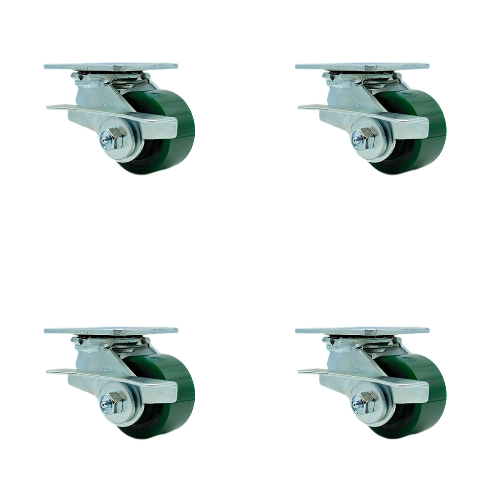 Polyurethane on Cast Iron Swivel Top Plate Casters Set of 4 Heavy Duty with 3.25 Inch Green Wheels - Includes 4 Swivel with Side Lock Brakes and Bolt on Swivel Locks - Service Caster Brand — photo 1