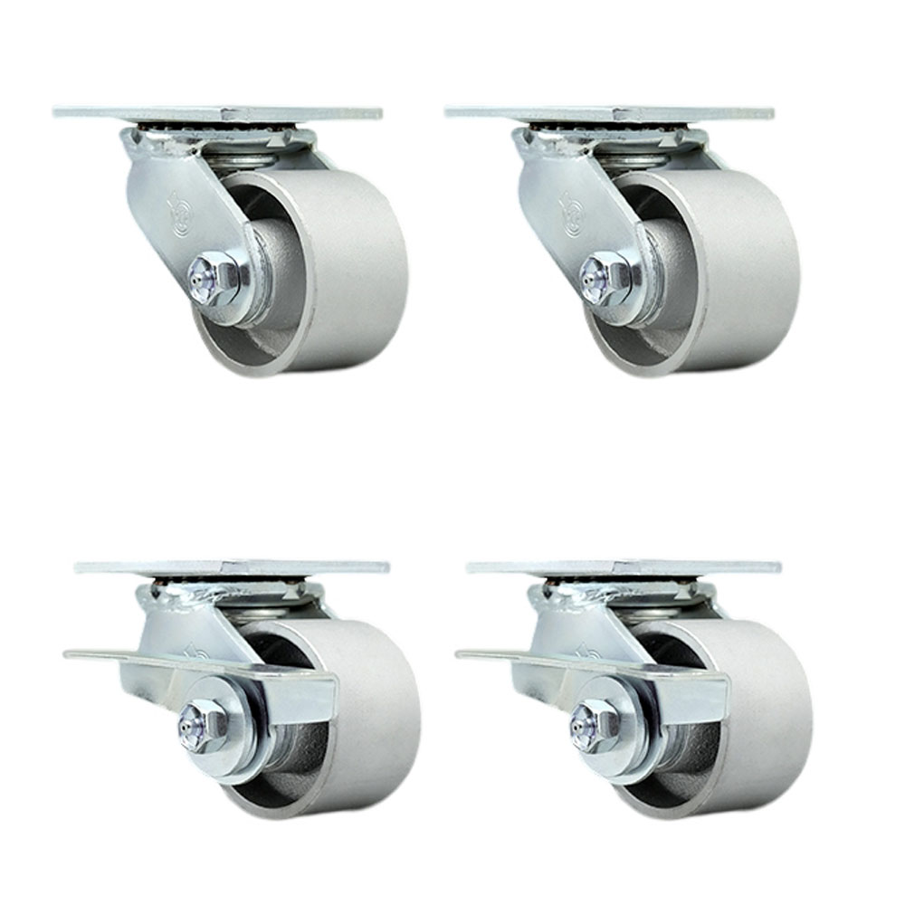 Heavy Duty Swivel Caster Set of 4 with 3.25 Inch Semi Steel Cast Iron Wheels and Bronze Bearings - Includes 2 Swivel with Brakes and 2 Swivel - 2,800 lbs. Total Capacity - Service Caster Brand — photo 1
