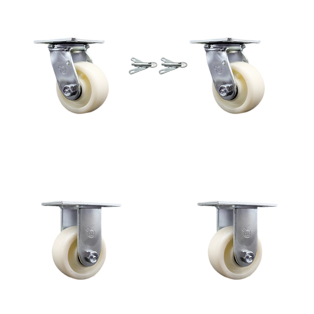 Nylon Swivel Top Plate Casters Set of 4 Heavy Duty with 4 Inch Wheels - Includes 2 Swivel with Bolt on Swivel Locks and 2 Rigid – 3,200 lbs. Total Capacity - Service Caster Brand — photo 1