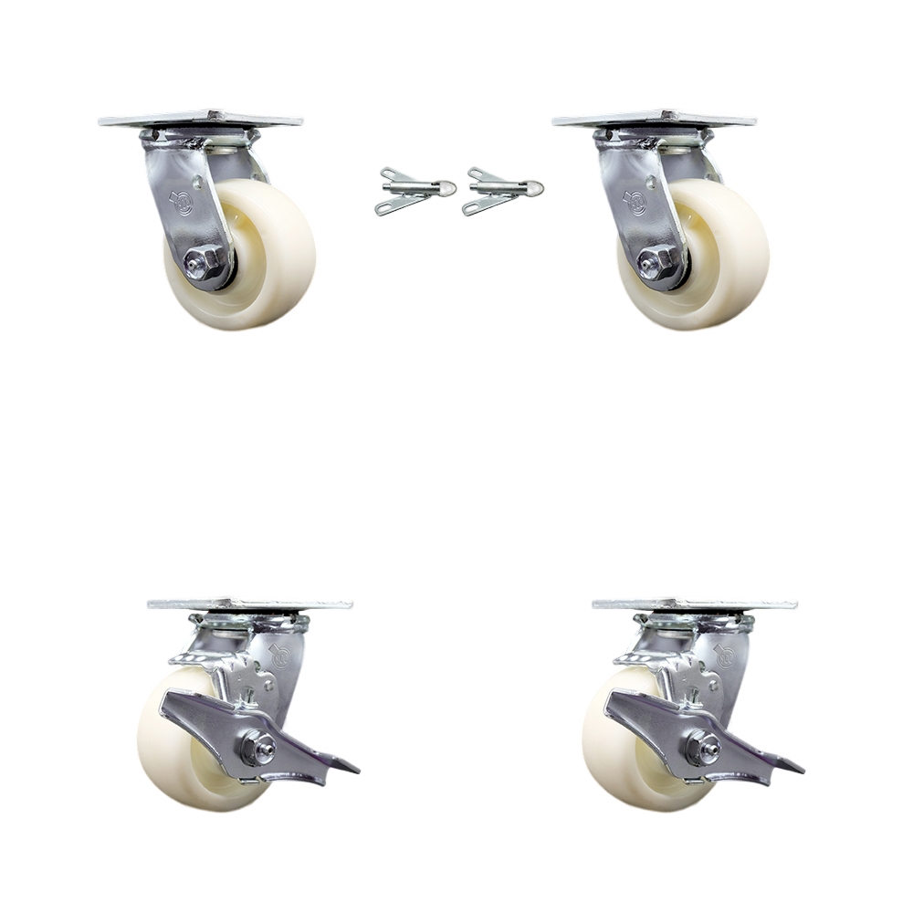 Heavy Duty Swivel Caster Set of 4 with 4 Inch Nylon Wheels and Ball Bearings - Includes 2 Swivel with Bolt on Swivel Locks and 2 Swivel with Brakes- 3,200 lbs. Total Capacity - Service Caster Brand — photo 1