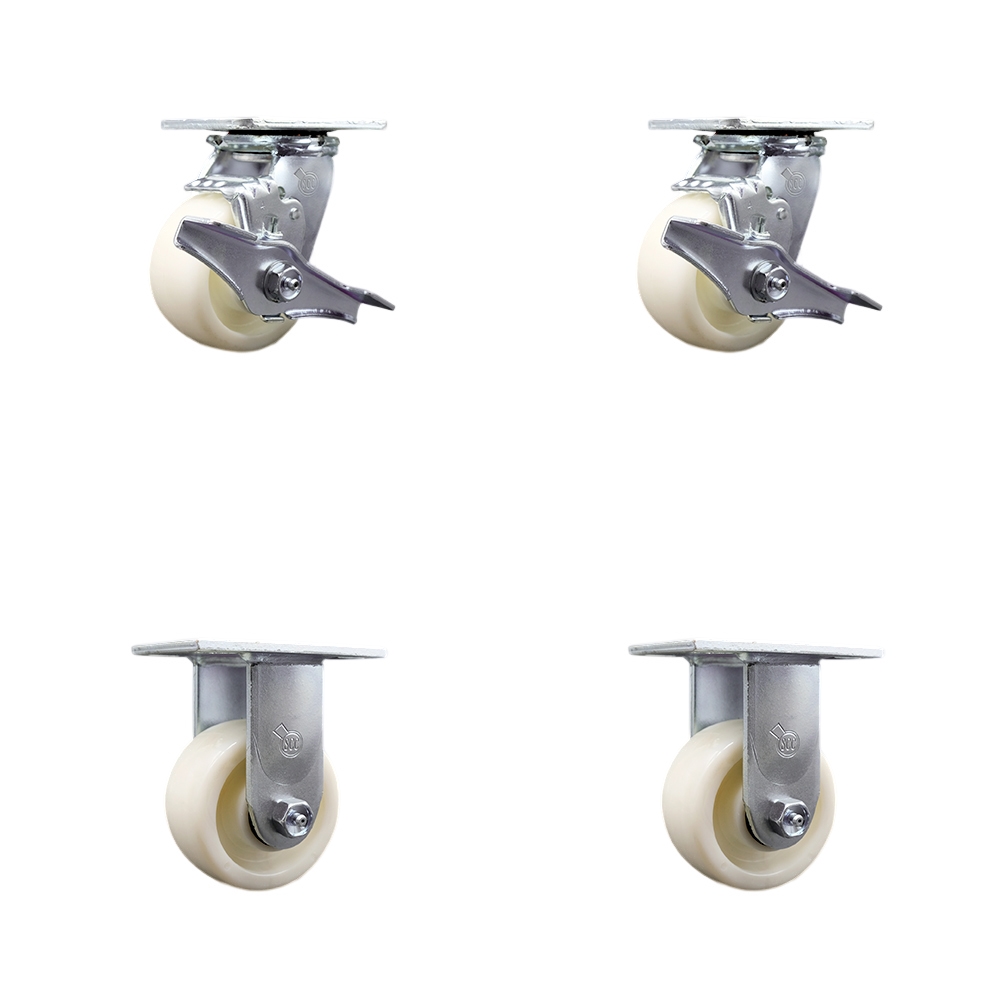Heavy Duty Swivel Caster Set of 4 with 4 Inch Nylon Wheels and Ball Bearings - Includes 2 Swivel with Brakes and 2 Rigid - 3,200 lbs. Total Capacity - Service Caster Brand — photo 1