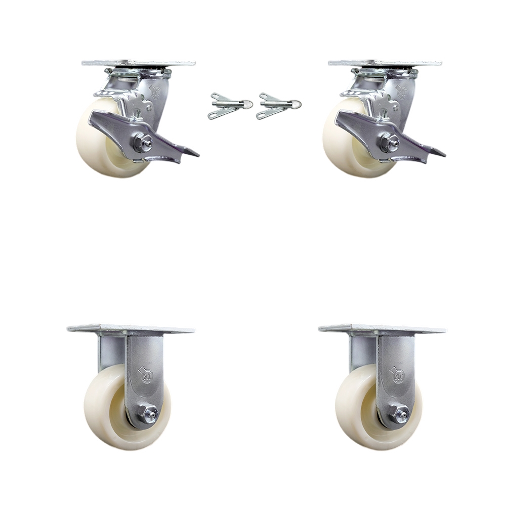 Heavy Duty Swivel Caster Set of 4 with 4 Inch Nylon Wheels and Ball Bearings - Includes 2 Swivel with Brakes and Bolt on Swivel Locks and 2 Rigid - 3,200 lbs. Total Capacity - Service Caster Brand — photo 1