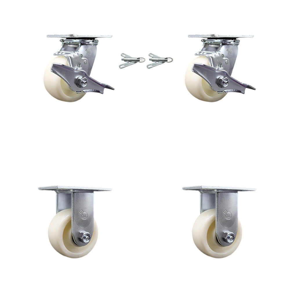 Nylon Swivel Top Plate Casters Set of 4 Heavy Duty with 4 Inch Wheels - Includes 2 Swivel with Brakes and Bolt on Swivel Locks and 2 Rigid - 3,200 lbs. Total Capacity - Service Caster Brand — photo 1