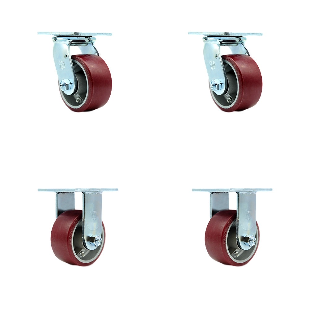 Heavy Duty Swivel Caster Set of 4 with 4 Inch Polyurethane on Aluminum Wheels and Ball Bearings - Includes 2 Swivel and 2 Rigid - 2,800 lbs. Total Capacity - Service Caster Brand — photo 1