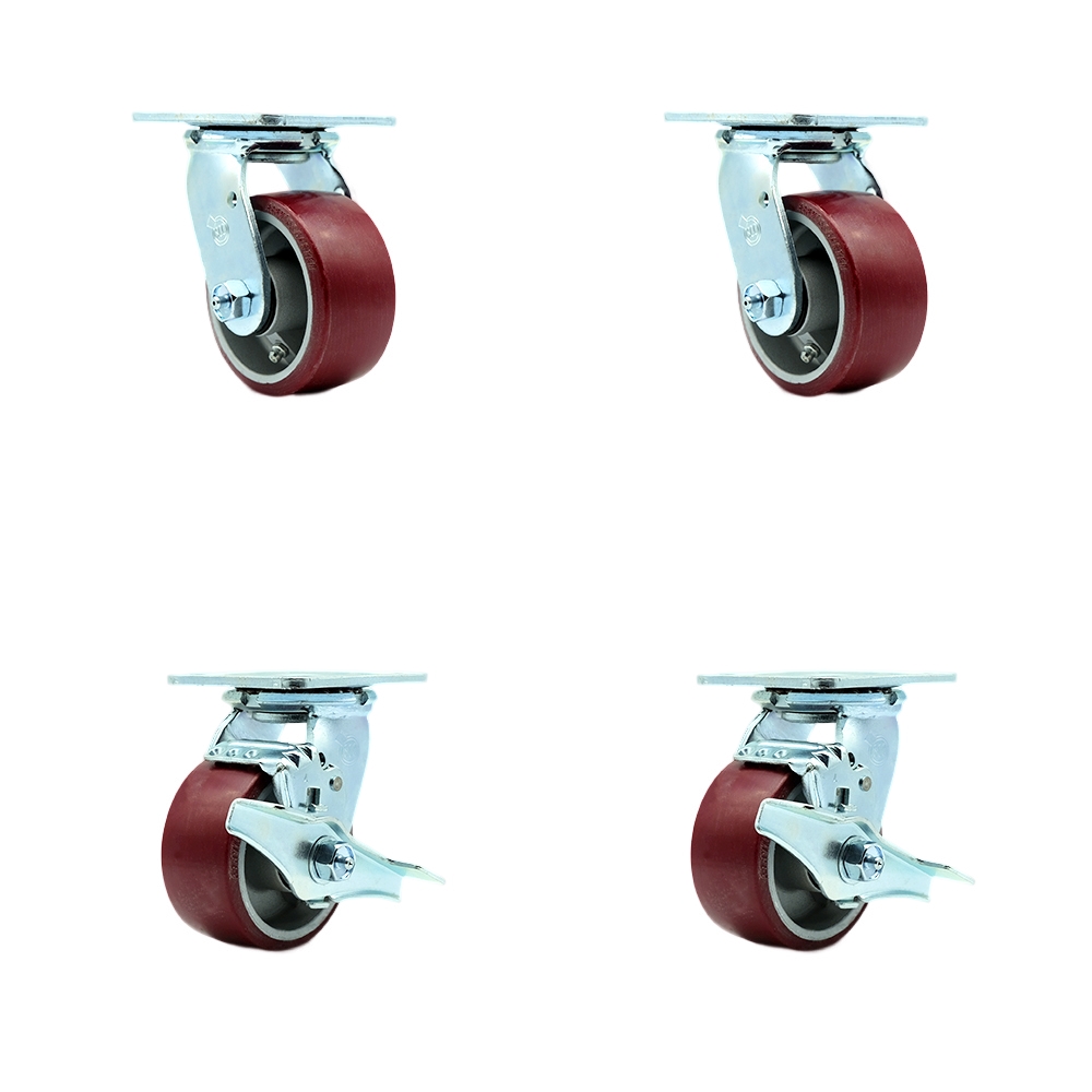 Heavy Duty Swivel Caster Set of 4 with 4 Inch Polyurethane on Aluminum Wheels and Ball Bearings - Includes 2 Swivel with Brakes and 2 Swivel - 2,800 lbs. Total Capacity - Service Caster Brand — photo 1