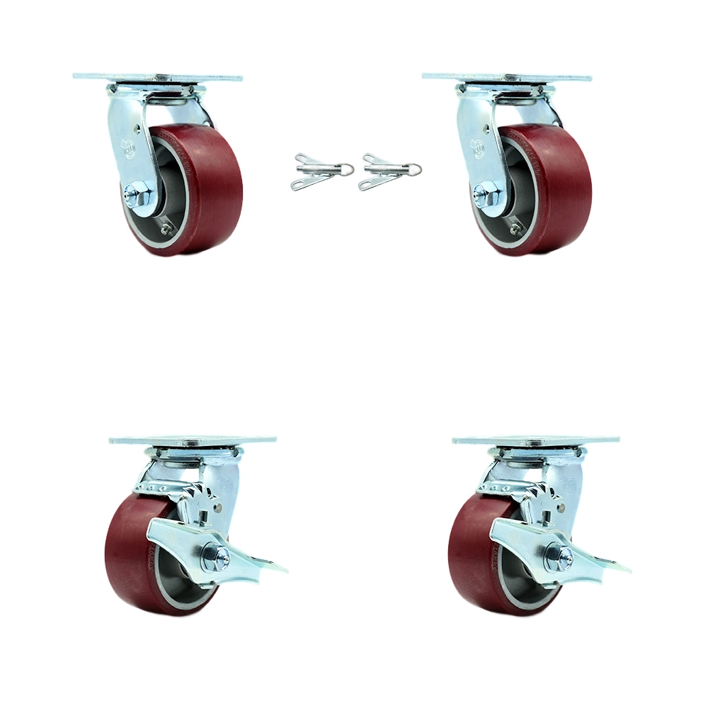 Polyurethane on Aluminum Swivel Top Plate Casters Set of 4 Heavy Duty with 4 Inch Wheels - Includes 2 Swivel with Bolt on Swivel Locks and 2 Swivel with Brakes - Service Caster Brand — photo 1