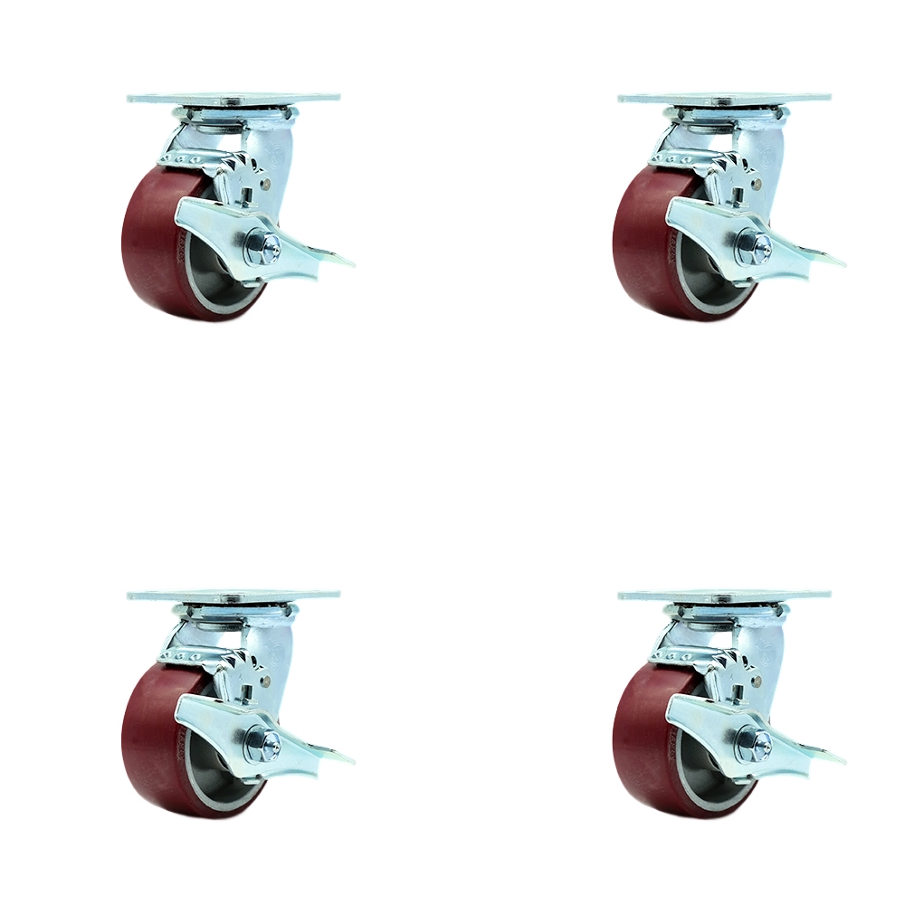 Heavy Duty Swivel Caster Set of 4 with 4 Inch Polyurethane on Aluminum Wheels and Ball Bearings - Includes 4 Swivel with Top Lock Brakes - 2,800 lbs. Total Capacity - Service Caster Brand — photo 1