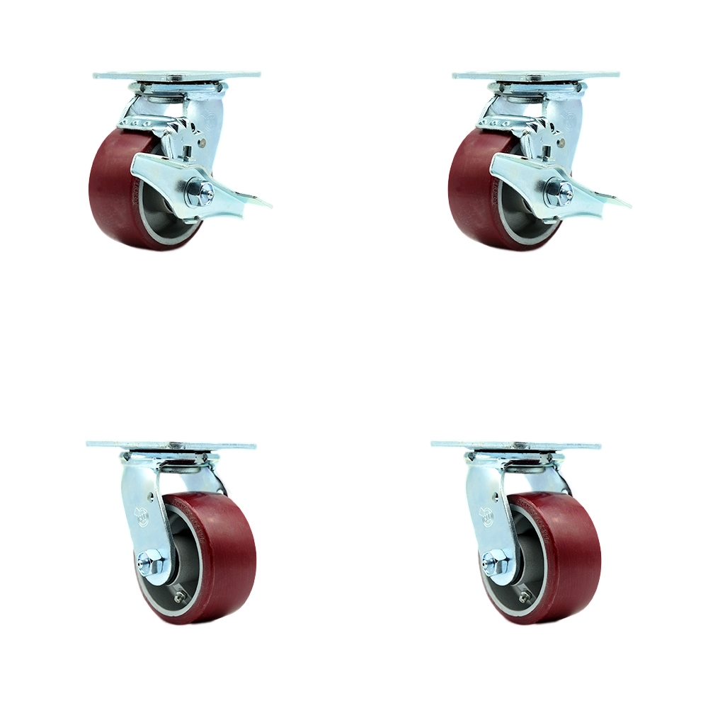 Polyurethane on Aluminum Swivel Top Plate Casters Set 4 Heavy Duty with 4 Inch Wheels-Includes 2 Swivel with Brakes and Bolt on Swivel Locks and 2 Swivel with Bolt on Swivel Locks-Service Caster Brand — photo 1