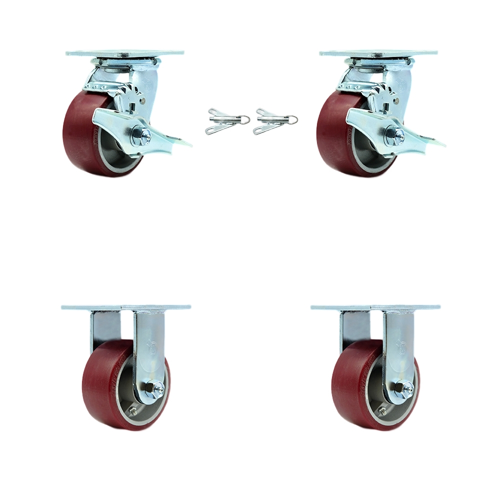 Polyurethane on Aluminum Swivel Top Plate Casters Set of 4 Heavy Duty with 4 Inch Wheels - Includes 2 Swivel with Brakes and Bolt on Swivel Locks and 2 Rigid - Service Caster Brand — photo 1