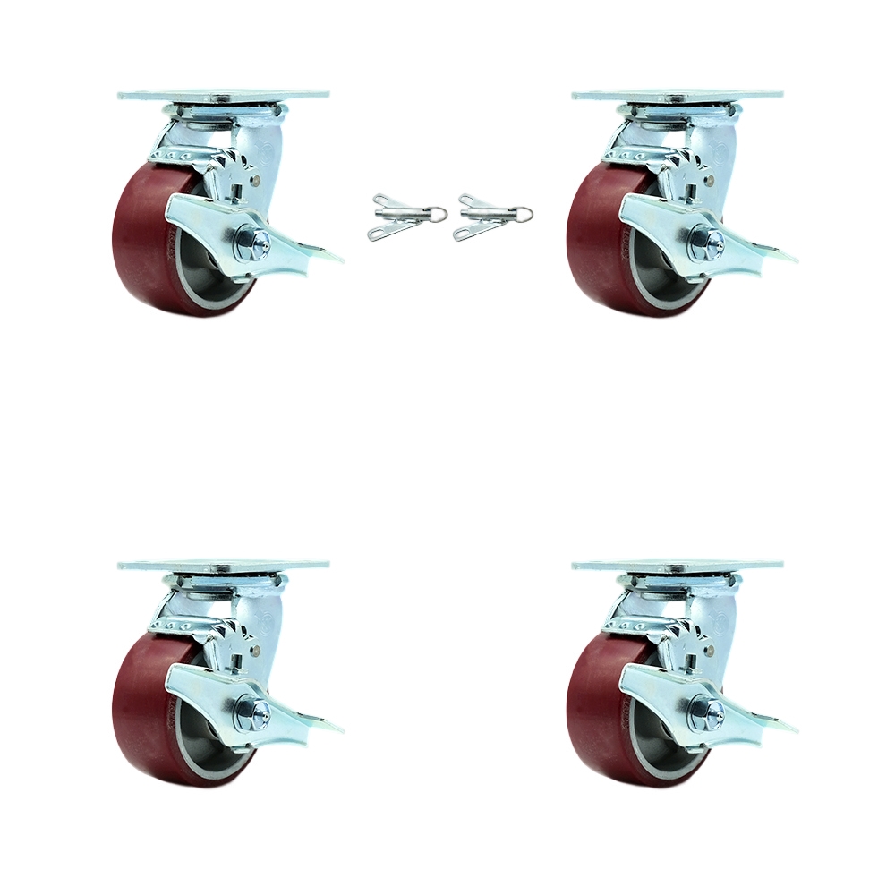 Heavy Duty Swivel Caster Set of 4 with 4 Inch Polyurethane on Aluminum Wheels and Ball Bearings - Includes 2 Swivel with Brakes and Bolt on Swivel Locks and 2 Swivel with Brakes - Service Caster Brand — photo 1