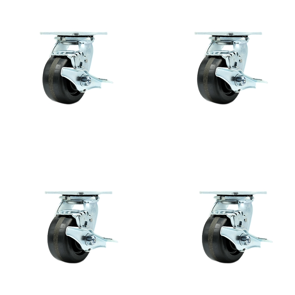 Heavy Duty Swivel Caster Set of 4 with 4 Inch Phenolic Wheels and Ball Bearings - Includes 4 Swivel with Top Lock Brakes and Bolt on Swivel Locks - 3,200 lbs. Total Capacity - Service Caster Brand — photo 1