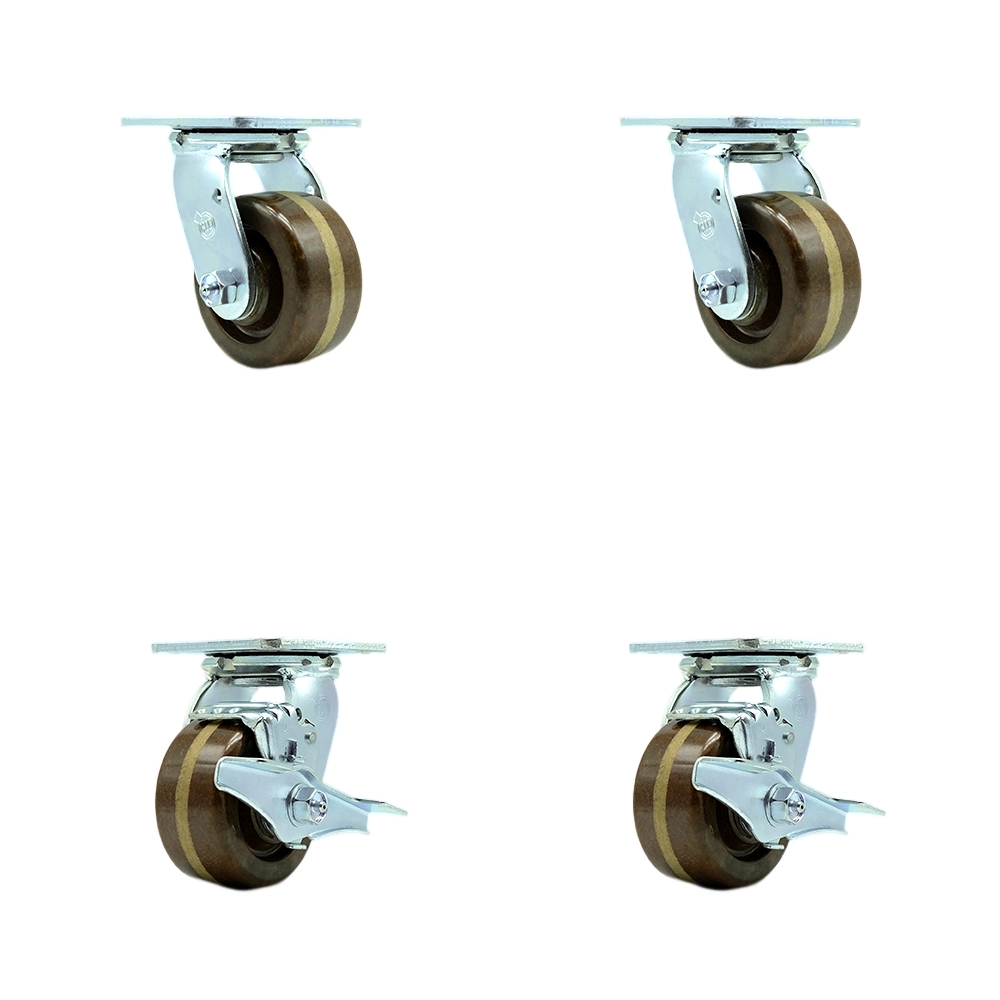 High Temperature Phenolic Swivel Top Plate Casters Set of 4 Heavy Duty with 4 Inch Wheels - Includes 2 Swivel with Brakes and 2 Swivel – 3,200 lbs. Total Capacity - Service Caster Brand — photo 1