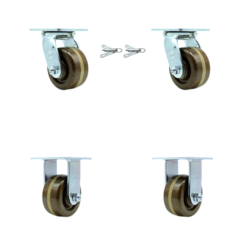 High Temperature Phenolic Swivel Top Plate Casters Set of 4 Heavy Duty with 4 Inch Wheels - Includes 2 Swivel with Bolt on Swivel Locks and 2 Rigid – 3,200 lbs. Total Capacity - Service Caster Brand — photo 1