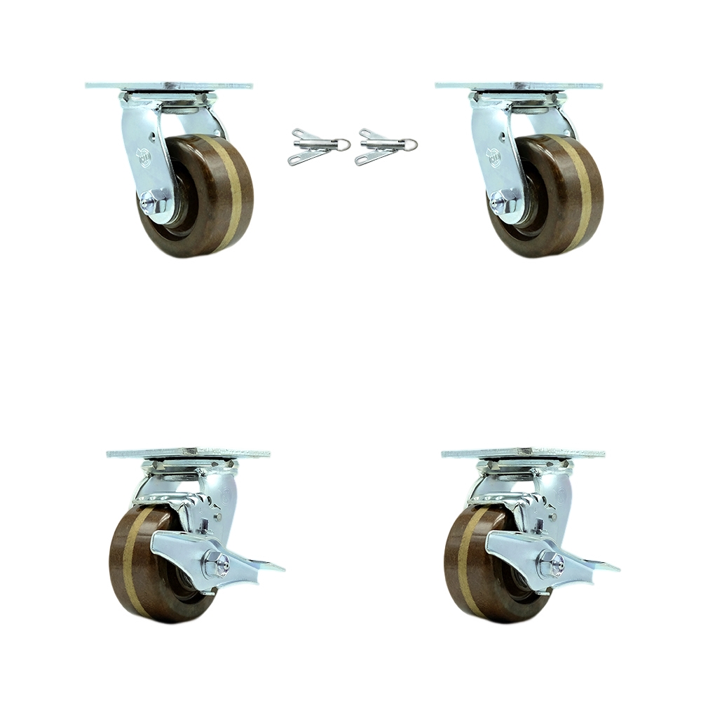 Heavy Duty Swivel Caster Set of 4 with 4 Inch High Temperature Phenolic Wheels and Bronze Bearings - Includes 2 Swivel with Bolt on Swivel Locks and 2 Swivel with Brakes - Service Caster Brand — photo 1