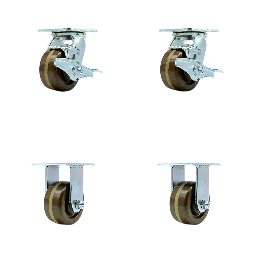 High Temperature Phenolic Swivel Top Plate Casters Set of 4 Heavy Duty with 4 Inch Wheels - Includes 2 Swivel with Brakes and 2 Rigid – 3,200 lbs. Total Capacity - Service Caster Brand — photo 1
