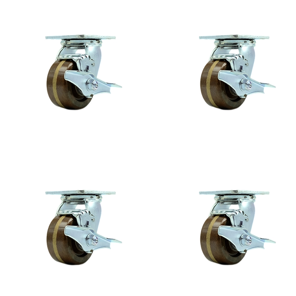 High Temperature Phenolic Swivel Top Plate Casters Set of 4 Heavy Duty with 4 Inch Wheels - Includes 4 Swivel with Top Lock Brakes – 3,200 lbs. Total Capacity - Service Caster Brand — photo 1