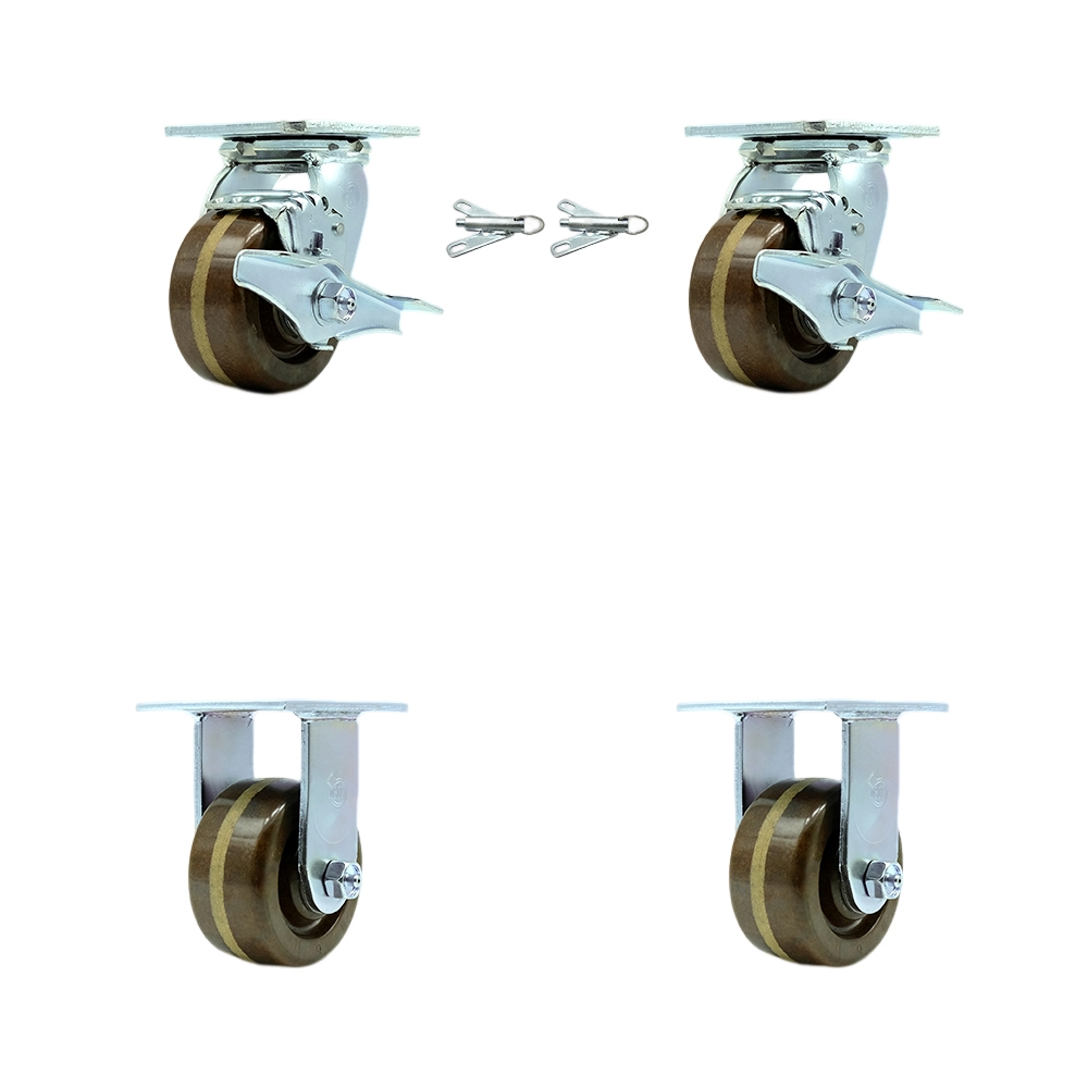 Heavy Duty Swivel Caster Set of 4 with 4 Inch High Temperature Phenolic Wheels and Bronze Bearings - Includes 2 Swivel with Brakes and Bolt on Swivel Locks and 2 Rigid - Service Caster Brand — photo 1