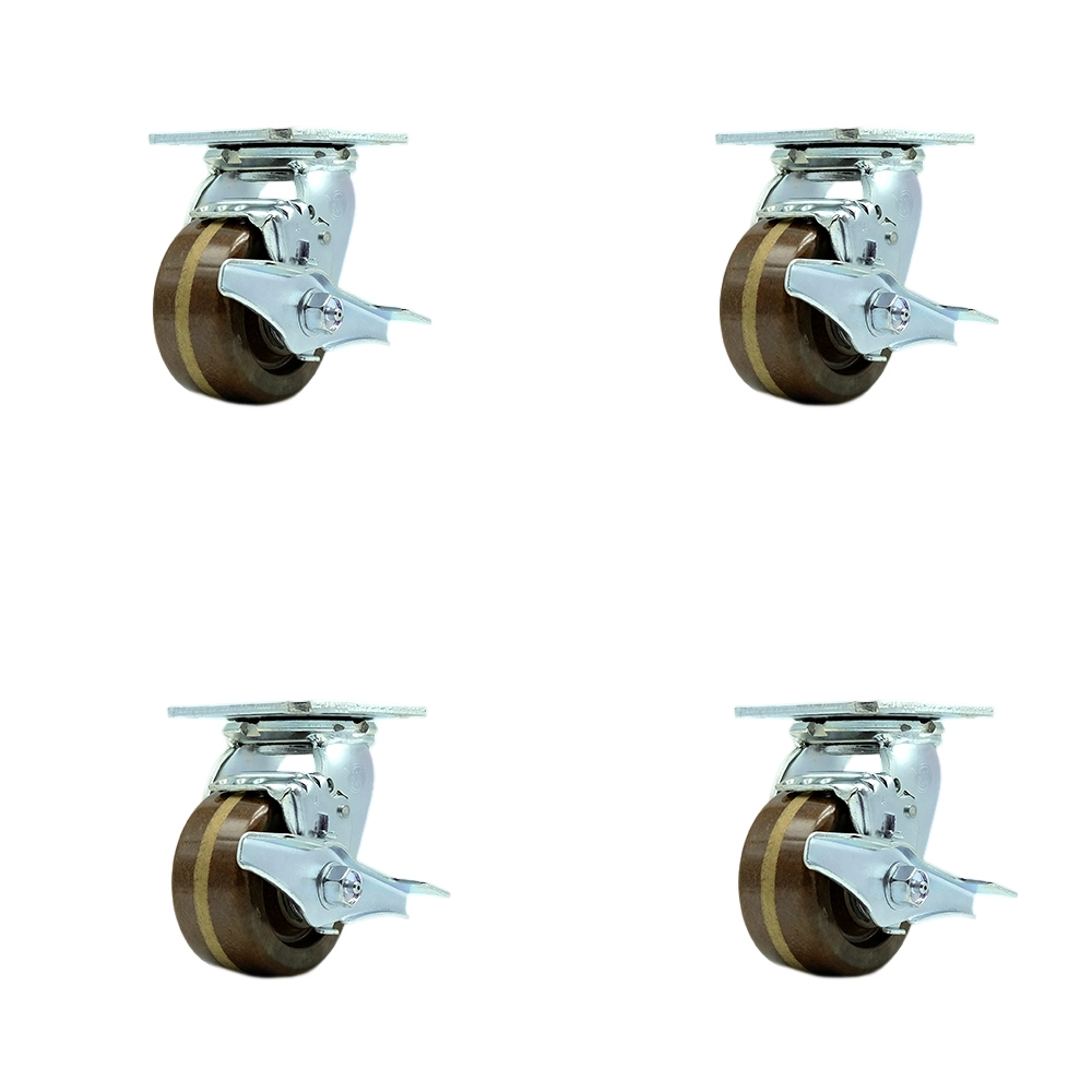 High Temperature Phenolic Swivel Top Plate Casters Set of 4 Heavy Duty with 4 Inch Wheels-Includes 4 Swivel with Top Lock Brakes and Bolt on Swivel Locks–3,200 lbs. Total Capacity-Service Caster Brand — photo 1