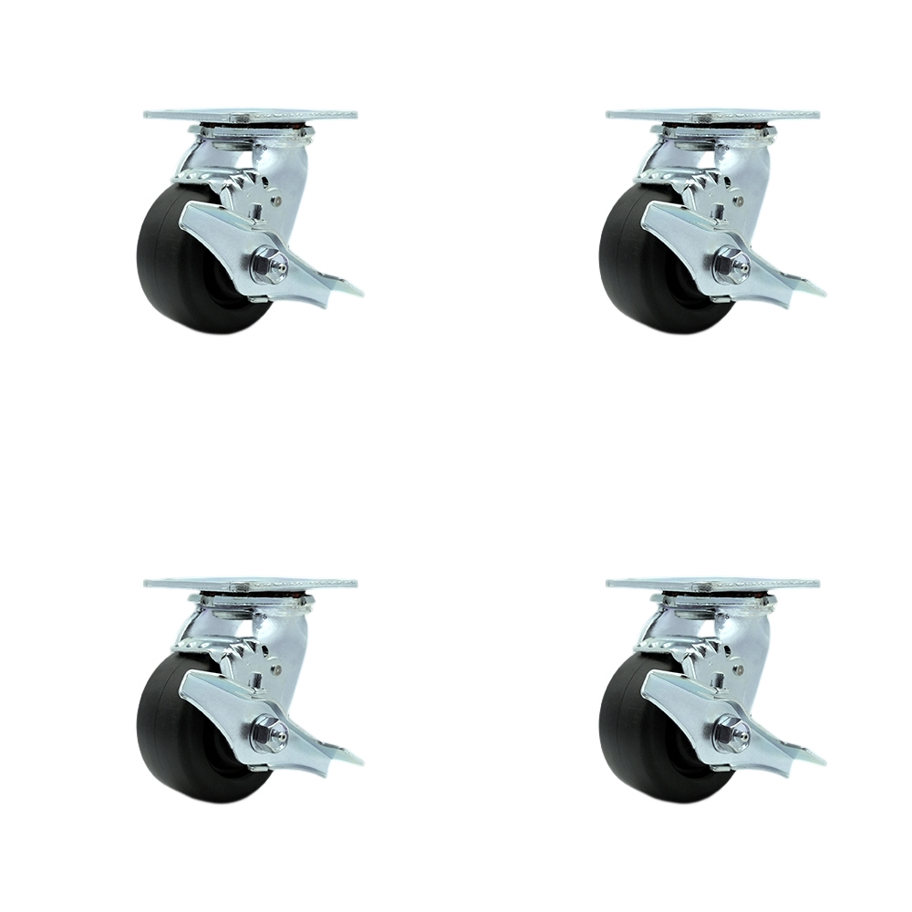 Tool Box Caster Wheel Set - 4 Inch Flat Free, Zero Maintenance Polyolefin Wheels - Industrial Grade - 4 Swivel Casters with Top Lock Brakes - Service Caster Brand — photo 1