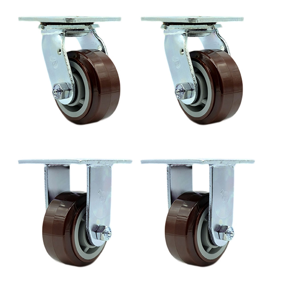 Heavy Duty Swivel Caster Set of 4 with 4 Inch Polyurethane Wheels and Ball Bearings - Includes 2 Swivel and 2 Rigid - 2,400 lbs. Total Capacity - Service Caster Brand — photo 1