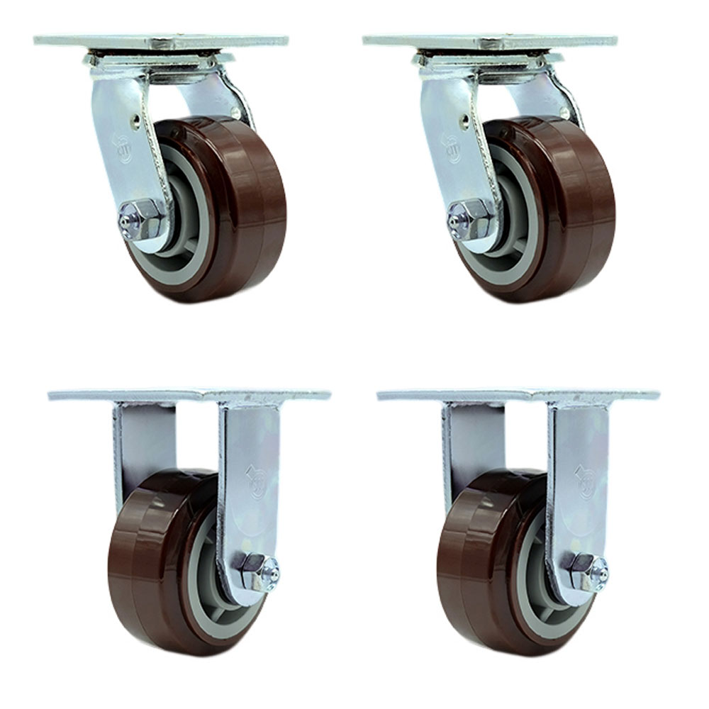 Polyurethane Swivel Top Plate Casters Set of 4 Heavy Duty with 4 Inch Wheels - Includes 2 Swivel with Bolt on Swivel Locks and 2 Rigid – 2,400 lbs. Total Capacity - Service Caster Brand — photo 1