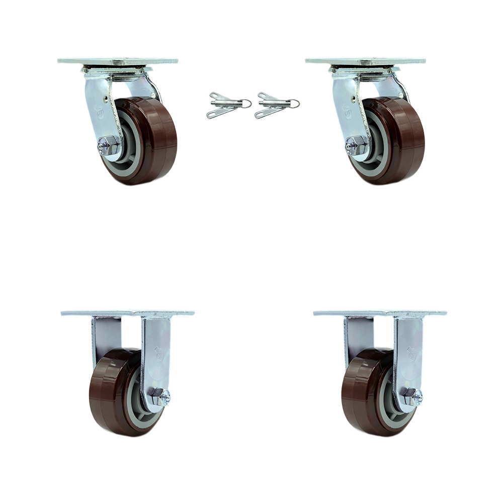 Heavy Duty Swivel Caster Set of 4 with 4 Inch Polyurethane Wheels and Ball Bearings - Includes 2 Swivel with Bolt on Swivel Locks and 2 Rigid - 2,400 lbs. Total Capacity - Service Caster Brand — photo 1