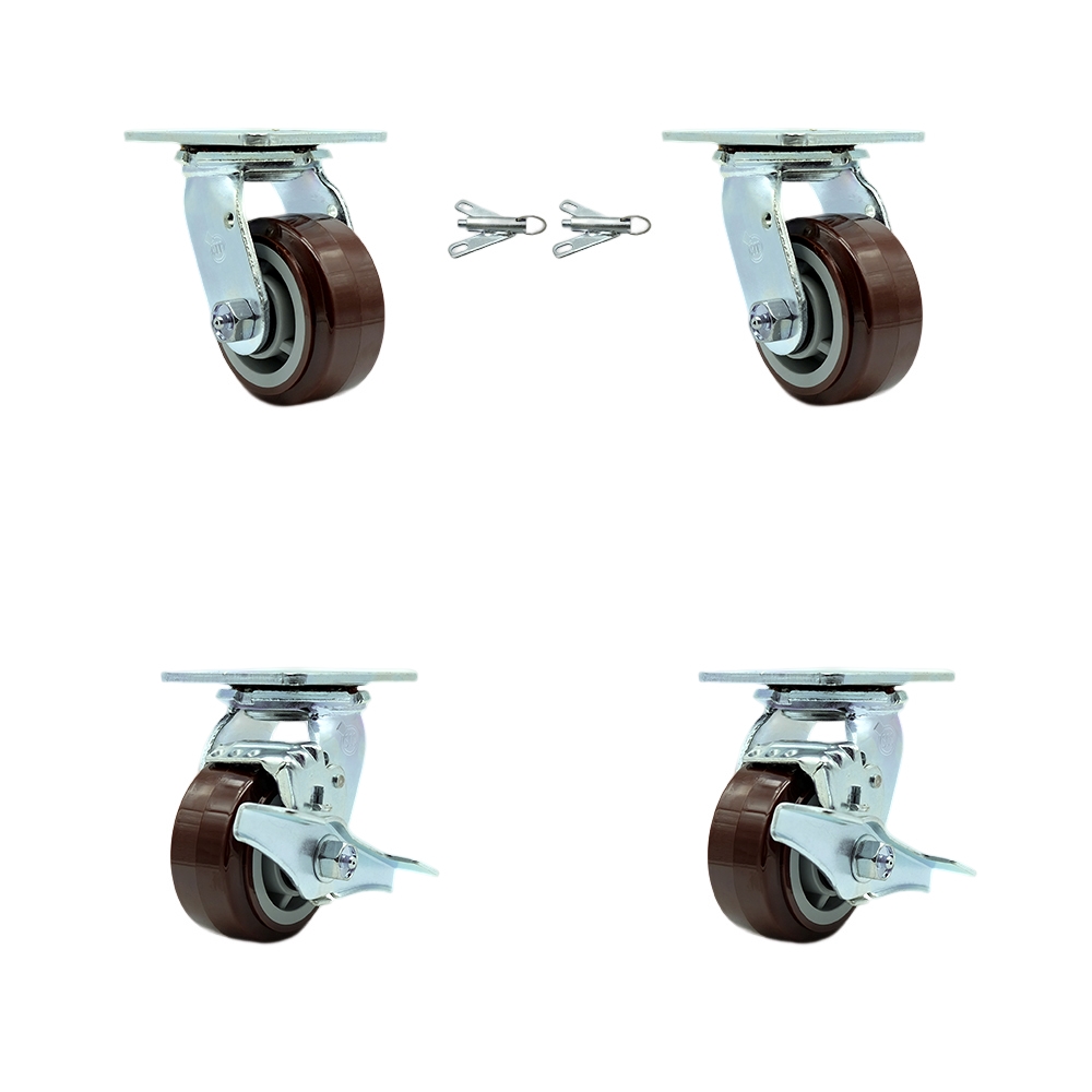 Polyurethane Swivel Top Plate Casters Set of 4 Heavy Duty with 4 Inch Wheels - Includes 2 Swivel with Bolt on Swivel Locks and 2 Swivel with Brakes - 2,400 lbs. Total Capacity - Service Caster Brand — photo 1