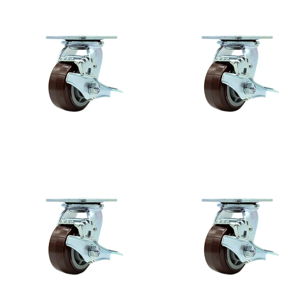 Tool Box Caster Wheel Set - 4 Inch Non-Marking, Maintenance Free Maroon Polyurethane Wheels - Industrial Grade - 4 Swivel Casters with Top Lock Brakes - Service Caster Brand — photo 1