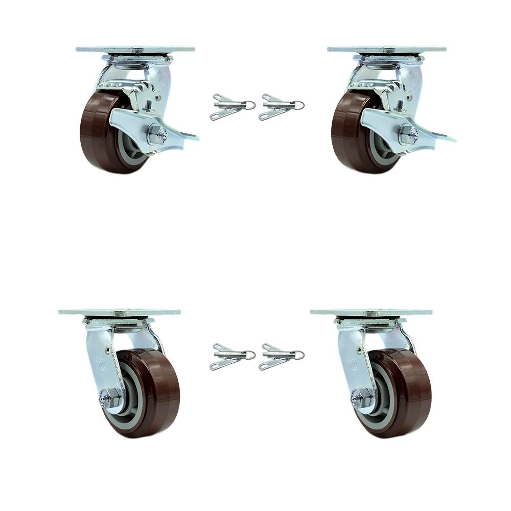 Polyurethane Swivel Top Plate Casters Set 4 Heavy Duty with 4 Inch Wheels- Includes 2 Swivel with Brakes and Bolt on Swivel Locks and 2 Swivel with Bolt on Swivel Locks - Service Caster Brand — photo 1