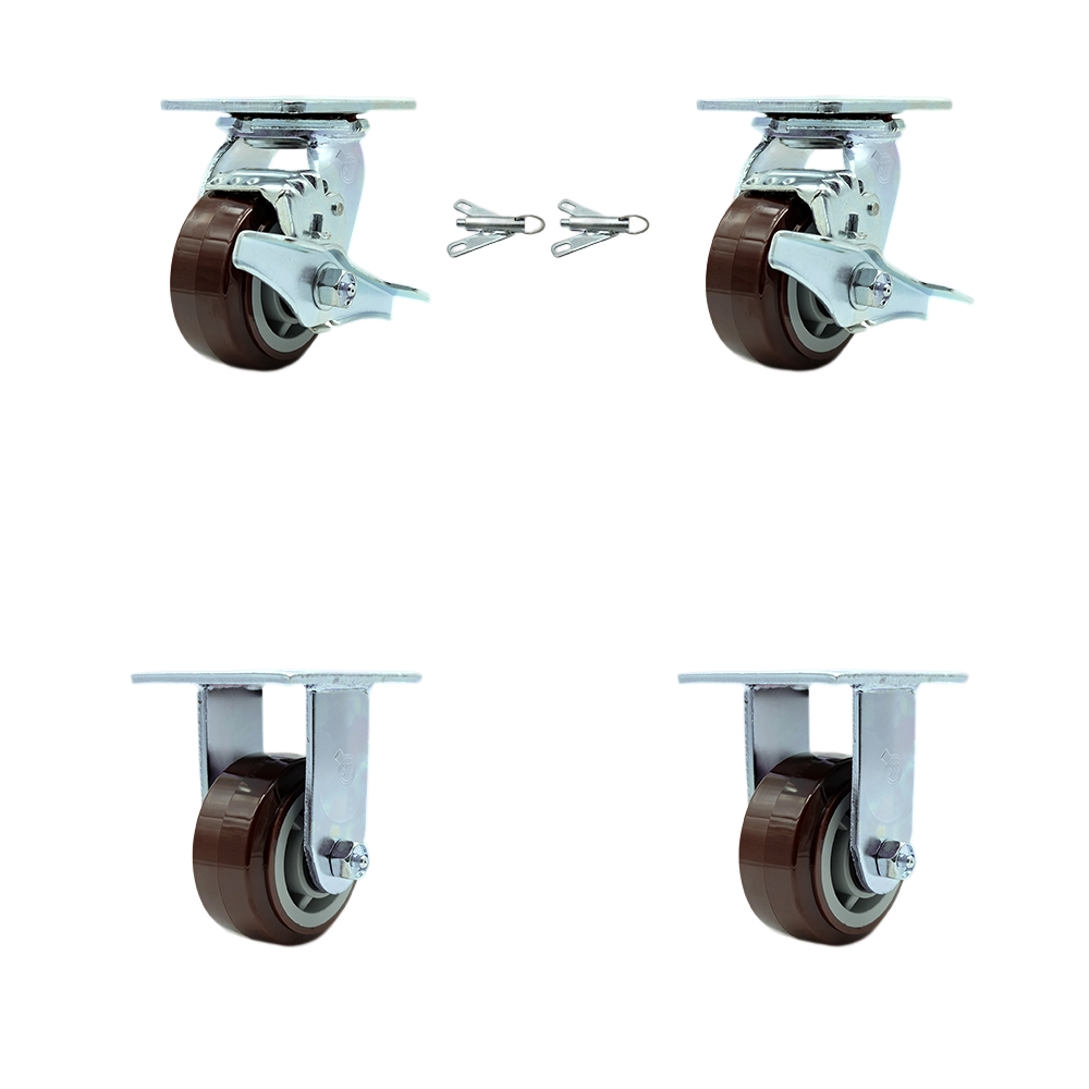 Polyurethane Swivel Top Plate Casters Set of 4 Heavy Duty with 4 Inch Wheels - Includes 2 Swivel with Brakes and Bolt on Swivel Locks and 2 Rigid - 2,400 lbs. Total Capacity - Service Caster Brand — photo 1