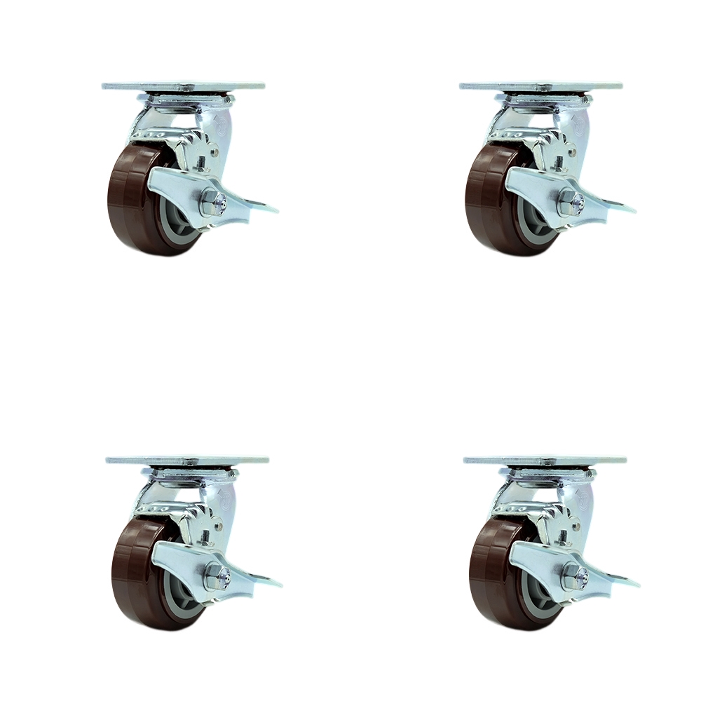 Heavy Duty Swivel Caster Set of 4 with 4 Inch Polyurethane Wheels and Ball Bearings - Includes 4 Swivel with Top Lock Brakes and Bolt on Swivel Locks - 2,400 lbs. Total Capacity - Service Caster Brand — photo 1