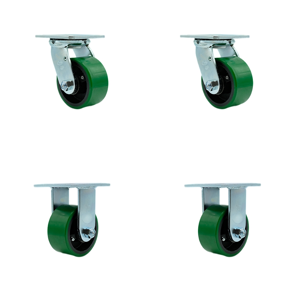 Service Caster Brand Replacement Set for Hippo Hopper Casters PC4-2-SET - Top Plate Caster with 4 Inch Green Polyurethane on Cast Iron Wheel - Includes 2 Swivel & 2 Rigid – 2,800 lbs. Total Capacity — photo 1