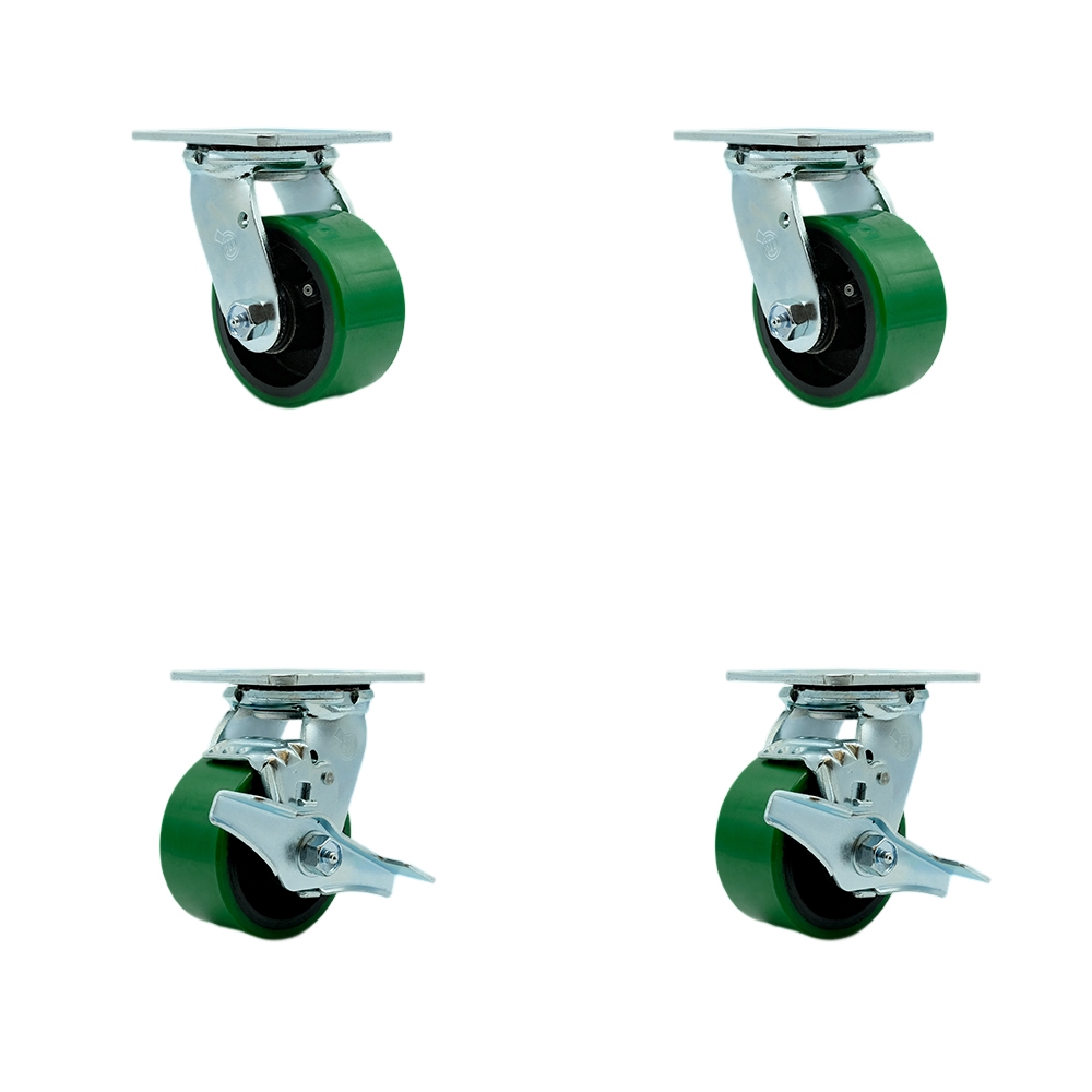Tool Box Caster Wheel Set - 4 Inch Non-Marking, Maintenance Free Green Polyurethane on Cast Iron Wheels - Industrial Grade - 2 Swivel with Top Lock Brakes - Service Caster Brand — photo 1