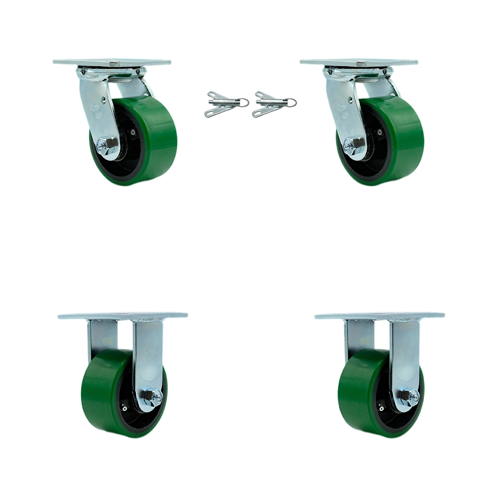 Heavy Duty Swivel Caster Set with 4 Inch Green Polyurethane on Cast Iron Wheels and Ball Bearings-Includes 2 Swivel with Bolt on Swivel Locks and 2 Rigid-2,800 lbs. Total Capacity-Service Caster Brand — photo 1