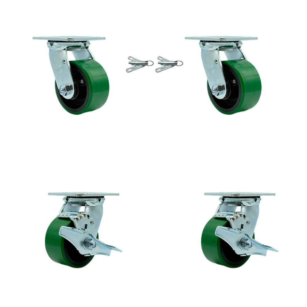 Polyurethane on Cast Iron Swivel Top Plate Casters Set of 4 Heavy Duty with 4 Inch Green Wheels - Includes 2 Swivel with Bolt on Swivel Locks and 2 Swivel with Brakes - Service Caster Brand — photo 1