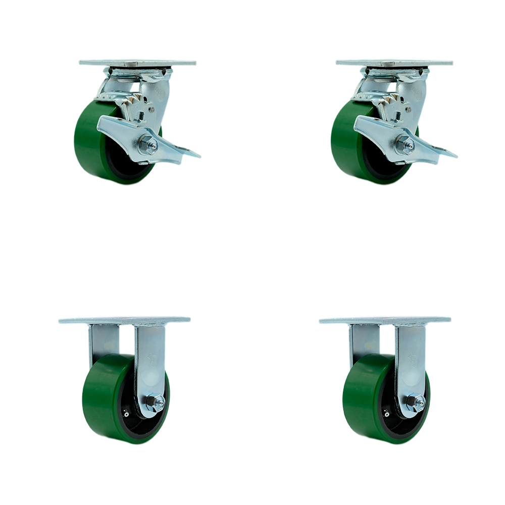 Tool Box Caster Wheel Set - 4 Inch Non-Marking, Maintenance Free Green Polyurethane on Cast Iron Wheels - Industrial Grade - 2 Swivel with Top Lock Brakes - Service Caster Brand — photo 1