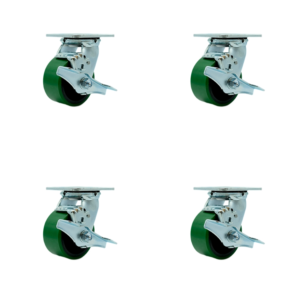 Tool Box Caster Wheel Set - 4 Inch Non-Marking, Maintenance Free Green Polyurethane on Cast Iron Wheels - Industrial Grade - 4 Swivel Casters with Top Lock Brakes - Service Caster Brand — photo 1