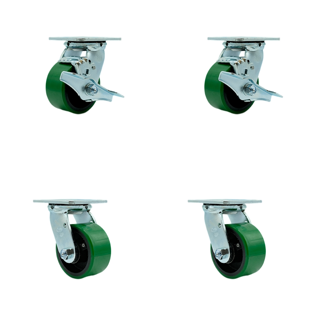 Poly on Cast Iron Swivel Top Plate Casters Set 4 Heavy Duty with 4 Inch Green Wheels-Includes 2 Swivel with Brakes and Bolt on Swivel Locks and 2 Swivel with Bolt on Swivel Locks- Service Caster Brand — photo 1