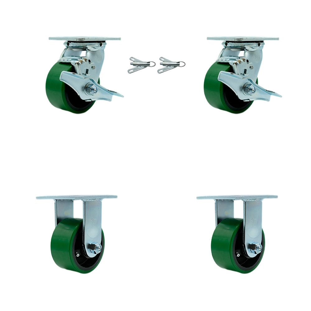 Polyurethane on Cast Iron Swivel Top Plate Casters Set of 4 Heavy Duty with 4 Inch Green Wheels - Includes 2 Swivel with Brakes and Bolt on Swivel Locks and 2 Rigid - Service Caster Brand — photo 1