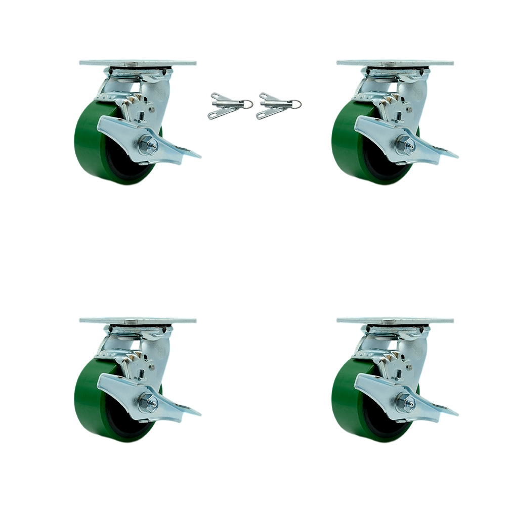 Polyurethane on Cast Iron Swivel Top Plate Casters Set of 4 Heavy Duty with 4 Inch Green Wheels - Includes 2 Swivel with Brakes and Bolt on Swivel Locks and 2 Swivel with Brakes - Service Caster Brand — photo 1