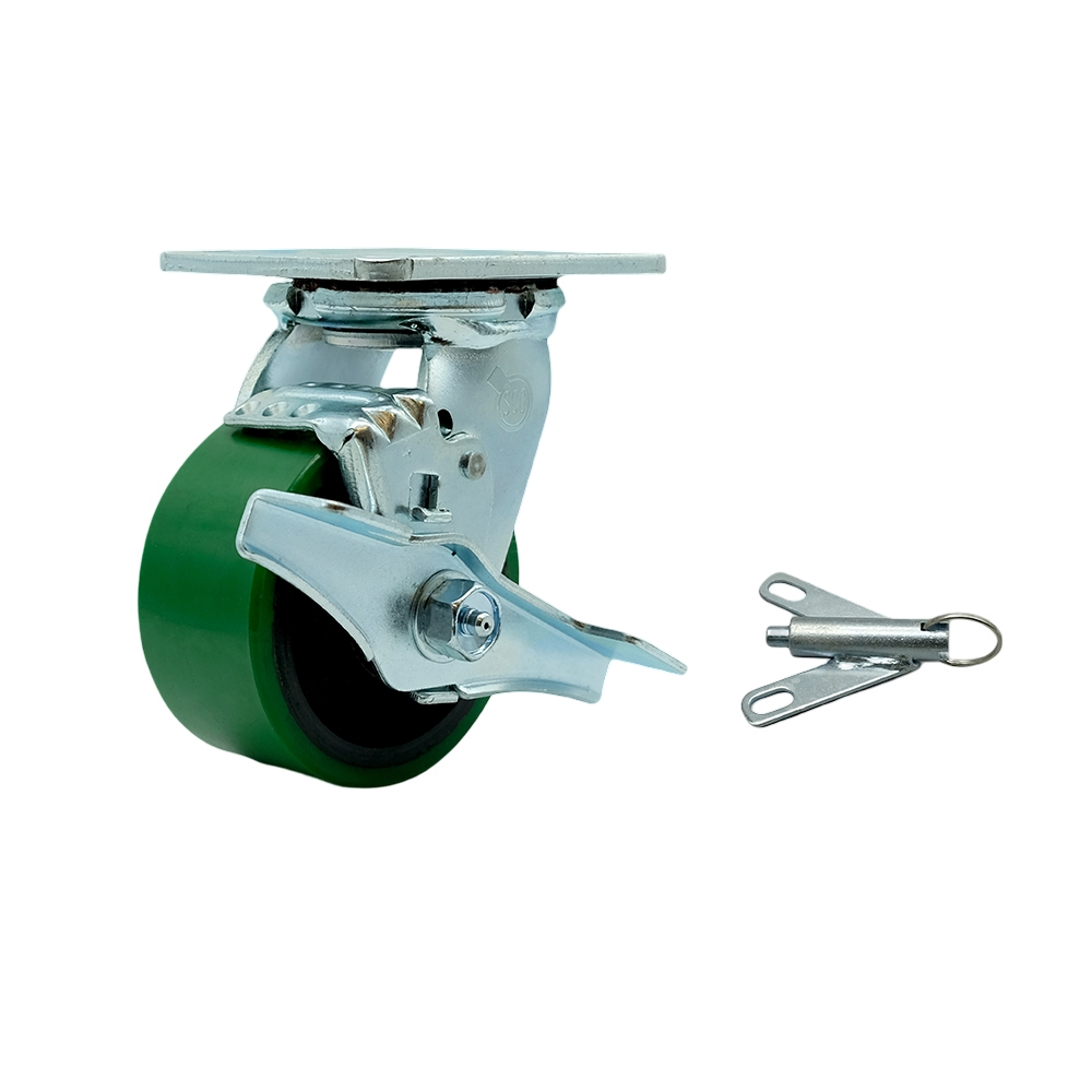 Heavy Duty Swivel Top Plate Caster with Top Lock Brake and Bolt on Swivel Lock and 4 Inch Green Polyurethane on Cast Iron Wheel with Ball Bearings - 700 lbs. Capacity/Caster - Service Caster Brand — photo 1