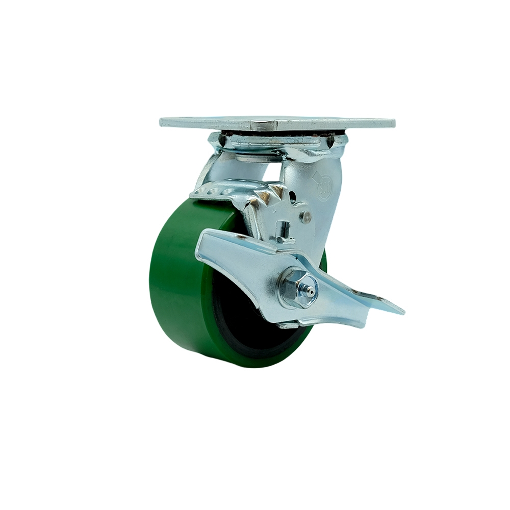 4" Heavy Duty Swivel Caster with Green Polyurethane on Iron Wheel and Brake - 700 lbs Capacity - Service Caster Brand — photo 1