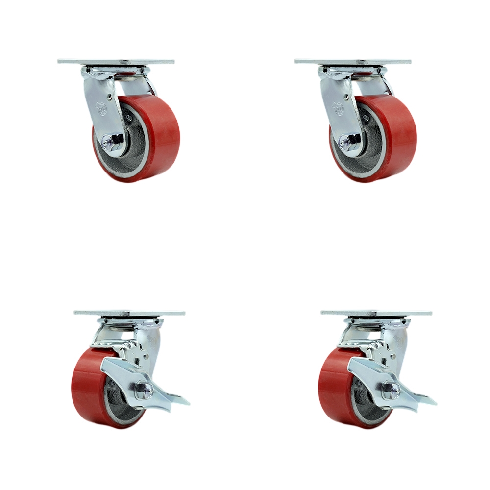 Tool Box Caster Wheel Set - 4 Inch Non-Marking, Maintenance Free Red Polyurethane on Cast Iron Wheels - Industrial Grade - 2 Swivel with Top Lock Brakes - Service Caster Brand — photo 1