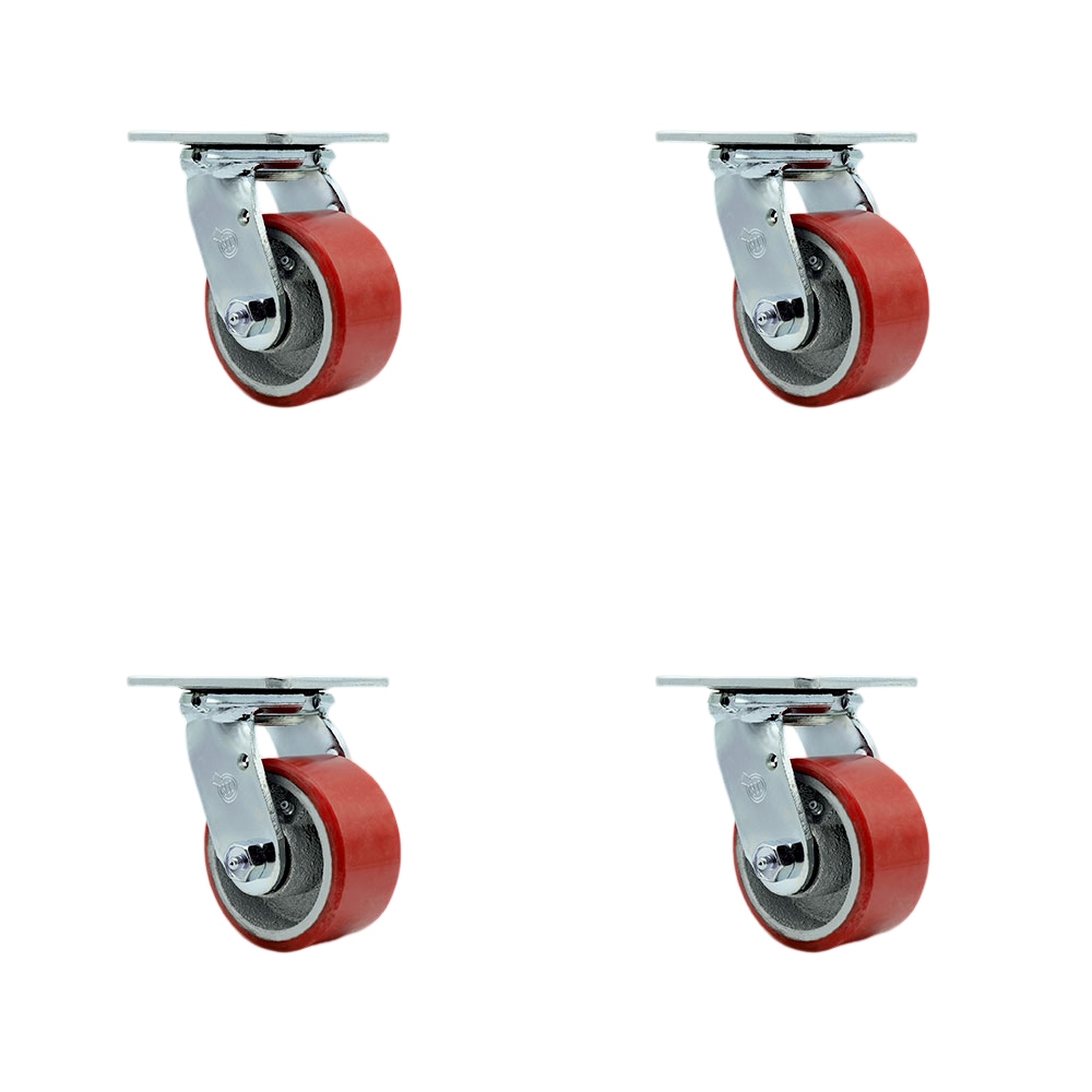 Polyurethane on Cast Iron Swivel Top Plate Casters Set of 4 Heavy Duty with 4 Inch Red Wheels - Includes 4 Swivel – 2,800 lbs. Total Capacity - Service Caster Brand — photo 1