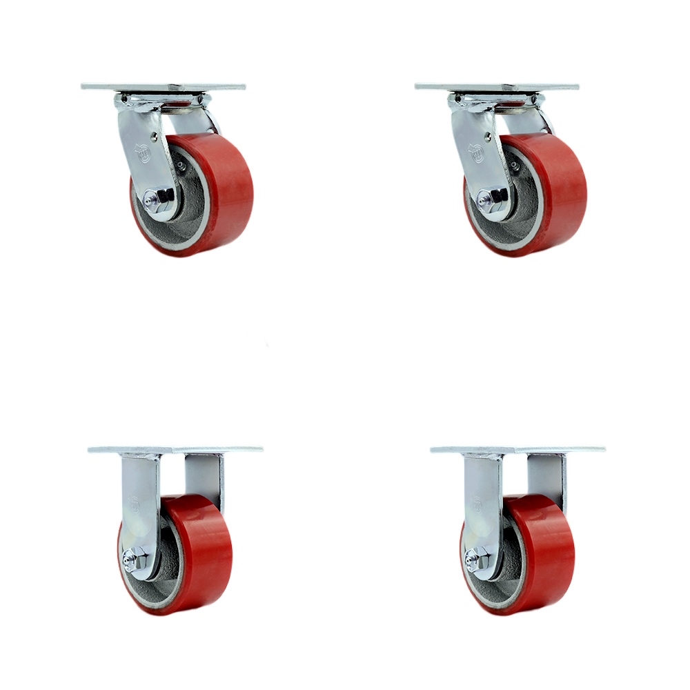 Heavy Duty Swivel Caster Set with 4 Inch Red Polyurethane on Cast Iron Wheels and Ball Bearings-Includes 2 Swivel with Bolt on Swivel Locks and 2 Rigid-2,800 lbs. Total Capacity-Service Caster Brand — photo 1