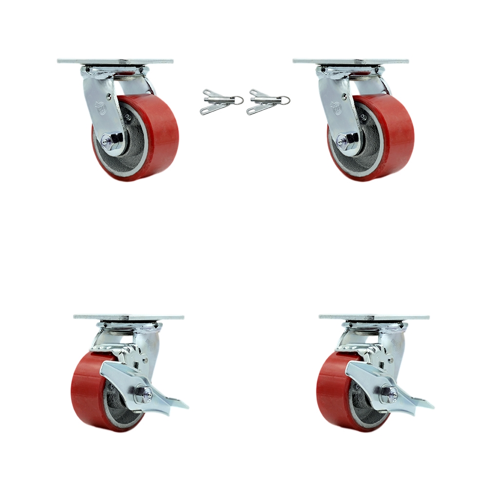 Polyurethane on Cast Iron Swivel Top Plate Casters Set of 4 Heavy Duty with 4 Inch Red Wheels - Includes 2 Swivel with Bolt on Swivel Locks and 2 Swivel with Brakes - Service Caster Brand — photo 1