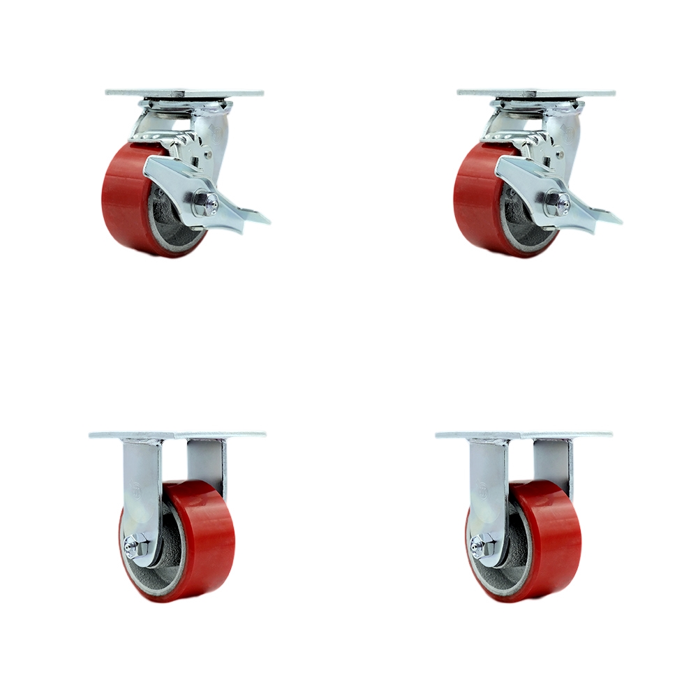 Tool Box Caster Wheel Set - 4 Inch Non-Marking, Maintenance Free Red Polyurethane on Cast Iron Wheels - Industrial Grade - 2 Swivel with Top Lock Brakes - Service Caster Brand — photo 1