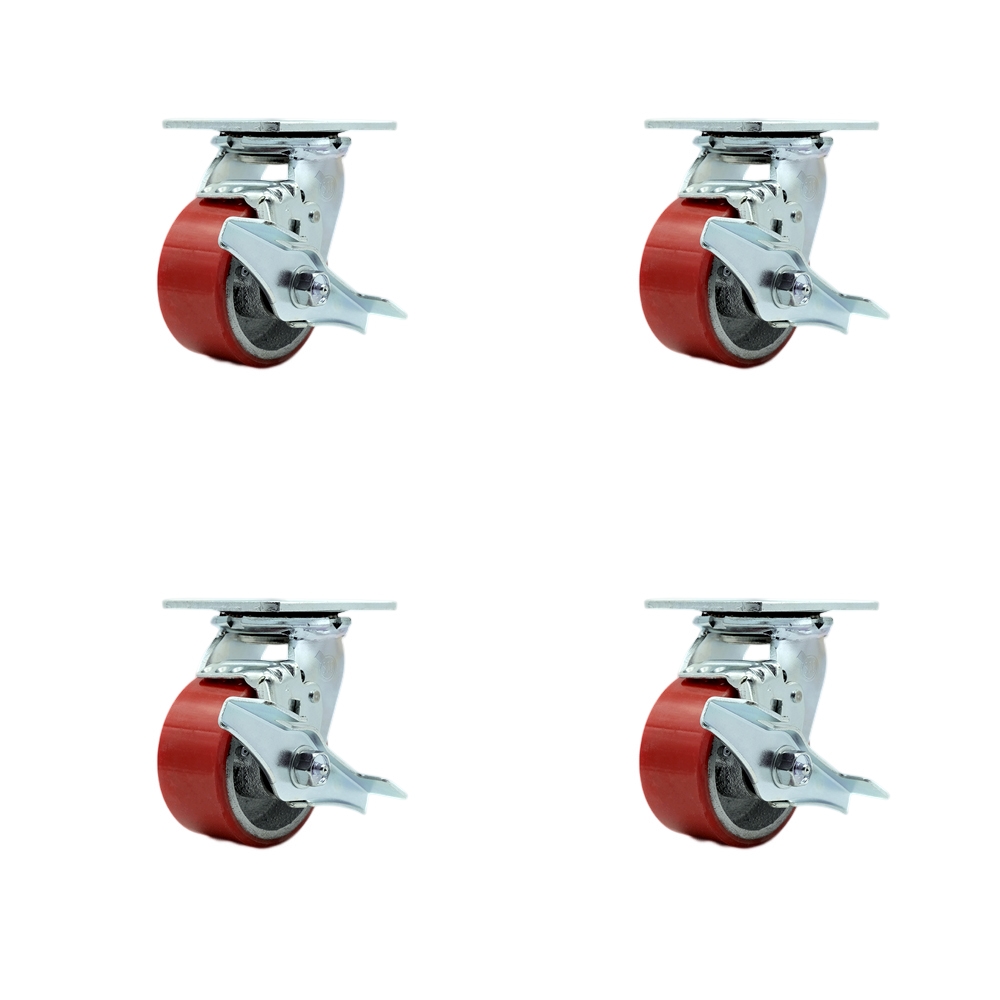 Tool Box Caster Wheel Set - 4 Inch Non-Marking, Maintenance Free Red Polyurethane on Cast Iron Wheels - Industrial Grade - 4 Swivel Casters with Top Lock Brakes - Service Caster Brand — photo 1
