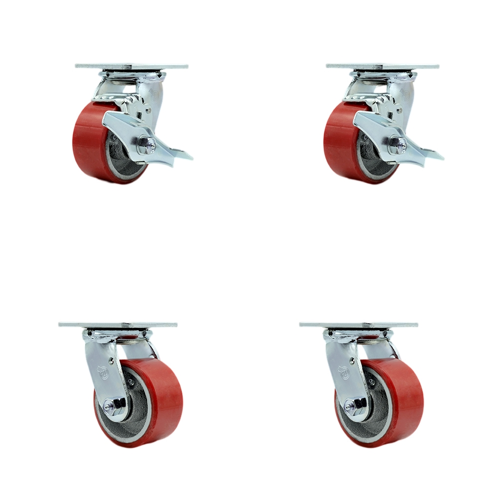 Heavy Duty Swivel Caster Set with 4 Inch Red Poly on Cast Iron Wheels and Ball Bearings-Include 2 Swivel with Brake and Bolt on Swivel Lock and 2 Swivel with Bolt on Swivel Lock-Service Caster Brand — photo 1