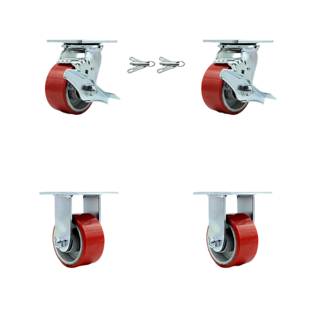 Polyurethane on Cast Iron Swivel Top Plate Casters Set of 4 Heavy Duty with 4 Inch Red Wheels - Includes 2 Swivel with Brakes and Bolt on Swivel Locks and 2 Rigid - Service Caster Brand — photo 1